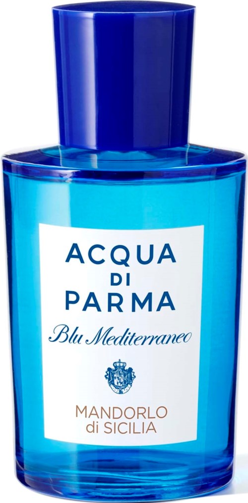 En blå parfymflaska med mörkblå lock, märkt 'Acqua di Parma Blu Mediterraneo Mandorlo di Sicilia'.