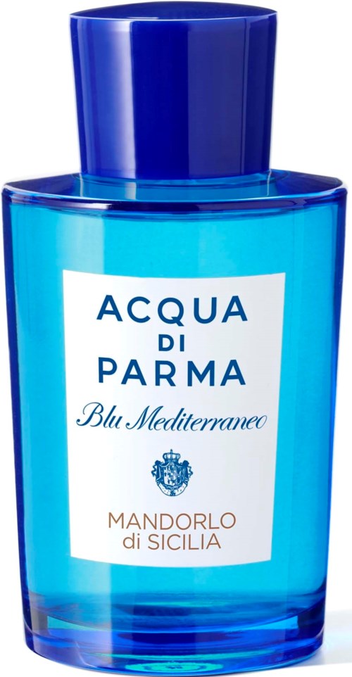 Blase mit weißem Etikett, Text zeigt es ist ein Parfüm namens Acqua di Parma Mandorlo di Sicilia.