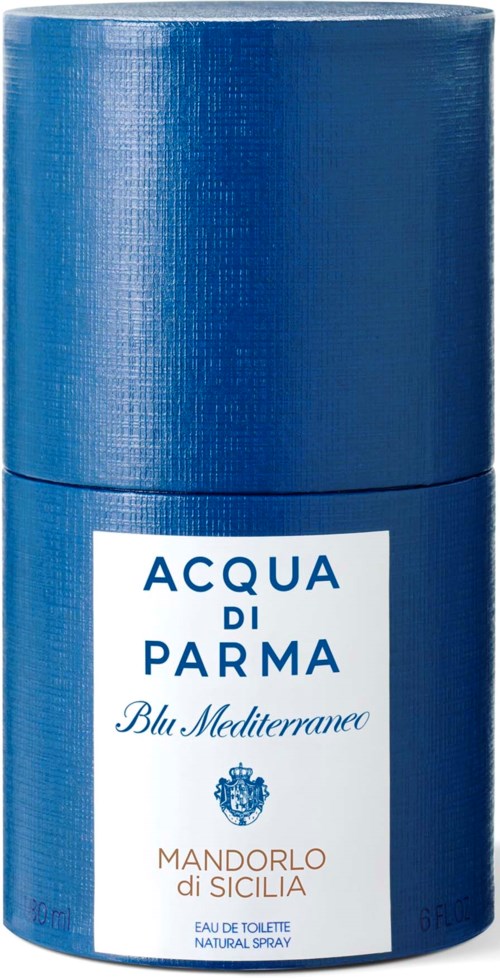 Eine blaue zylindrische Flasche mit weißem Etikett, beschriftet 'Acqua di Parma' und 'Mandorlo di Sicilia.'