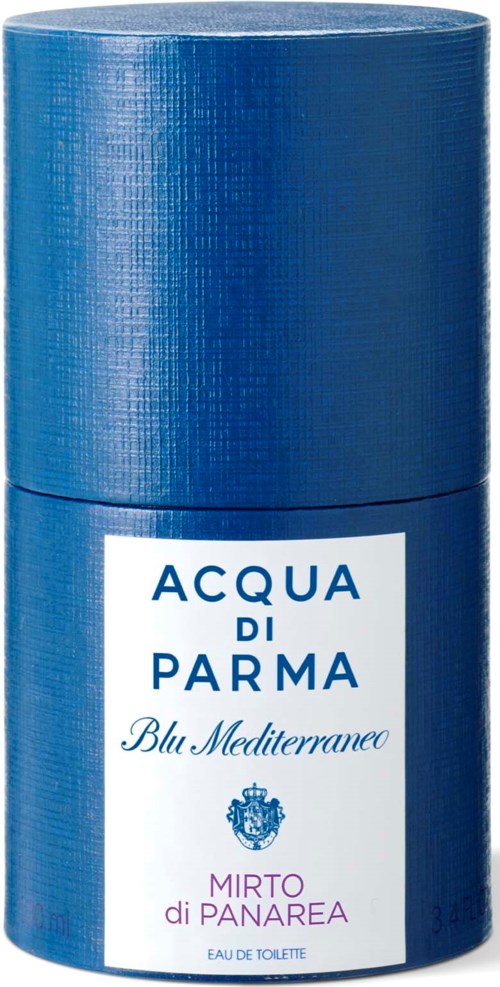 Eine blaue zylindrische Flasche mit Etikett 'Acqua di Parma Blu Mediterraneo Mirto di Panarea'.