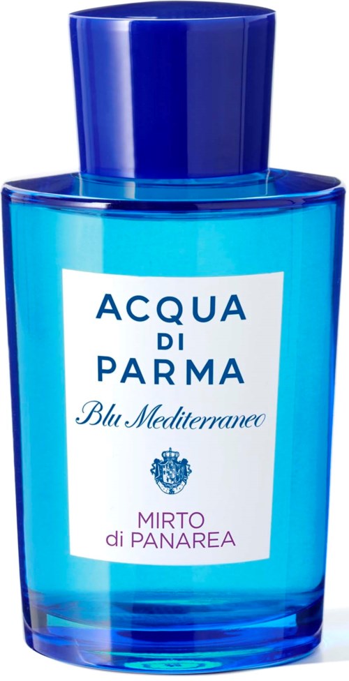 Blaue Glasflasche mit dunklem blauen Deckel, beschriftet "Acqua di Parma Blu Mediterraneo Mirto di Panarea."