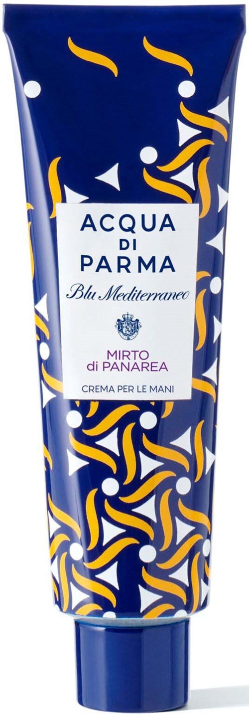 Sininen tuubi keltaisilla ja valkoisilla kuvioilla, sisältää käsivoidetta Acqua di Parmalta, nimeltä Mirto di Panarea.