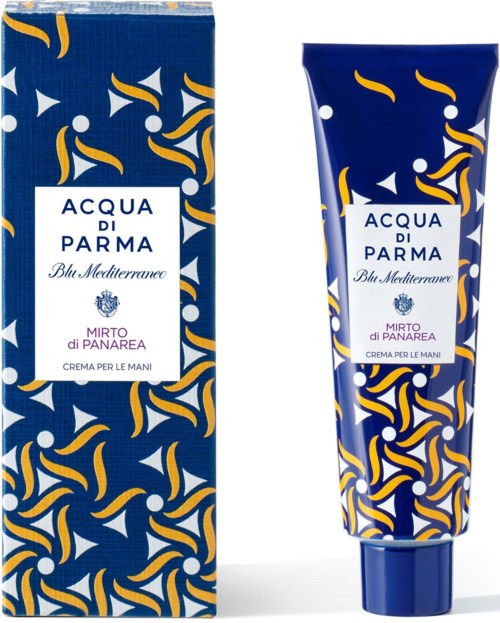 Käsivoide, jossa sininen ja keltainen abstrakti kuvio pohjalla, merkiltään 'Acqua di Parma Blu Mediterraneo' ja 'Mirto di Panarea.'