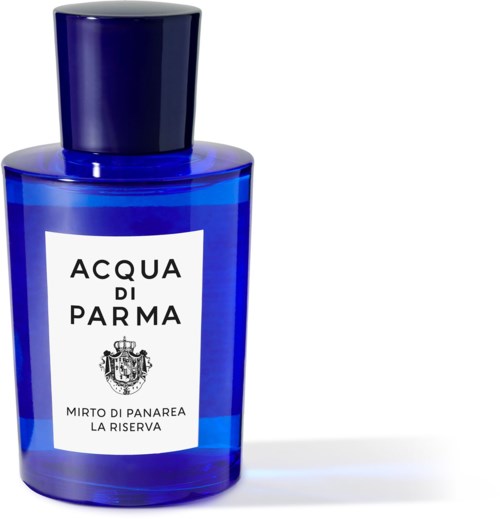Blue bottle with a white label reading 'Acqua di Parma,' showing a crest and Italian text.