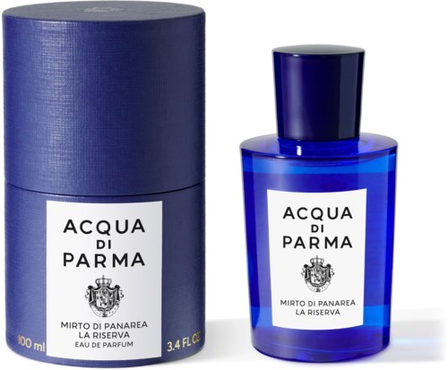 A blue bottle and a matching cylindrical box of Acqua di Parma perfume, with white labels and black text.