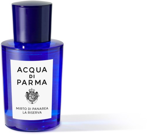 Blue perfume bottle labeled Acqua di Parma with black cap on a white background.