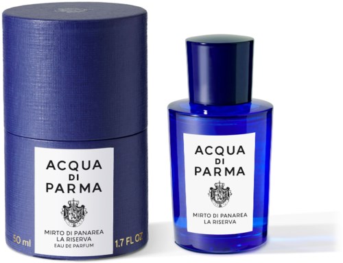 Blue perfume bottle and packaging with white label, black text, and a crest logo.