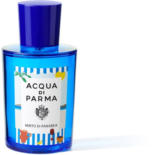 Blaue Flasche mit einem Etikett, das Acqua di Parma sagt und bunte Illustrationen von Tieren und Regenschirmen zeigt.