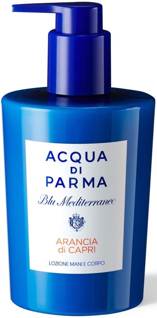 Sininen pumppupullo sisältää Acqua di Parma Blue Mediterraneo Arancia di Capri -rasvan.