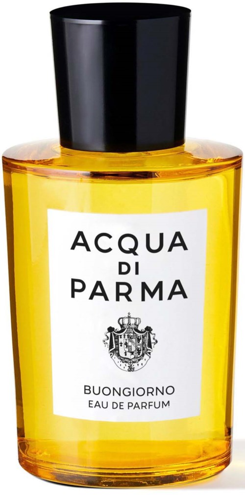 En gul parfymeflaske med svart lokk, merket 'Acqua di Parma Buongiorno Eau de Parfum'.