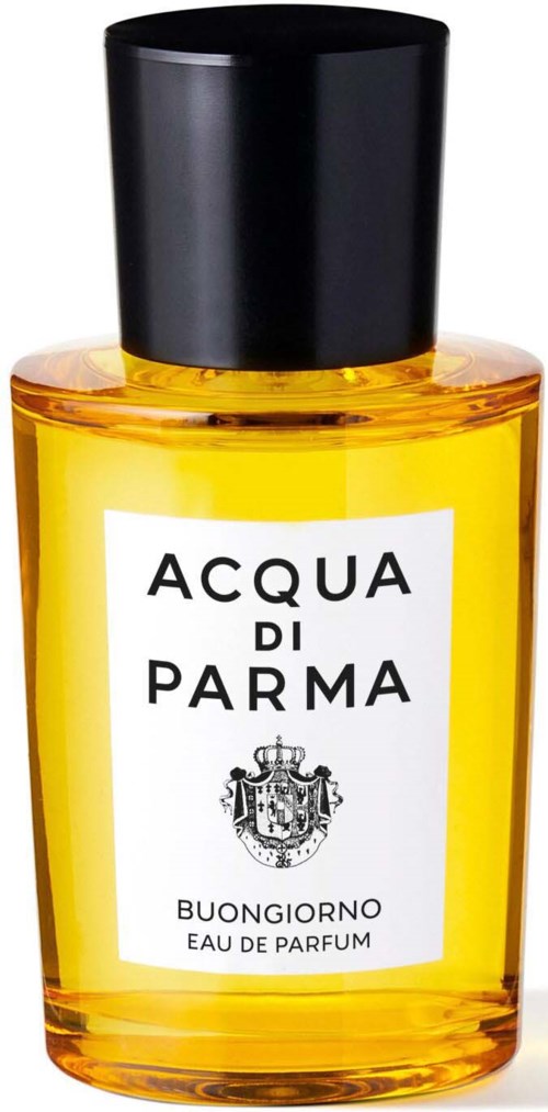 En gul parfymeflaske med svart lokk og hvit etikett med teksten 'Acqua di Parma Buongiorno Eau de Parfum.'