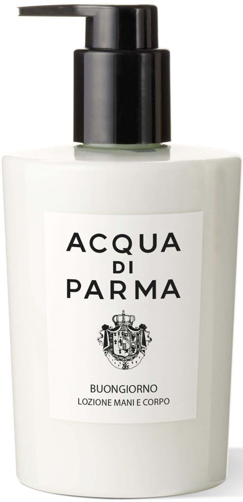 Valkoinen lotionpullo, jossa on musta pumpuin, merkiltään 'Acqua di Parma Buongiorno' käsiä ja kehoa varten.
