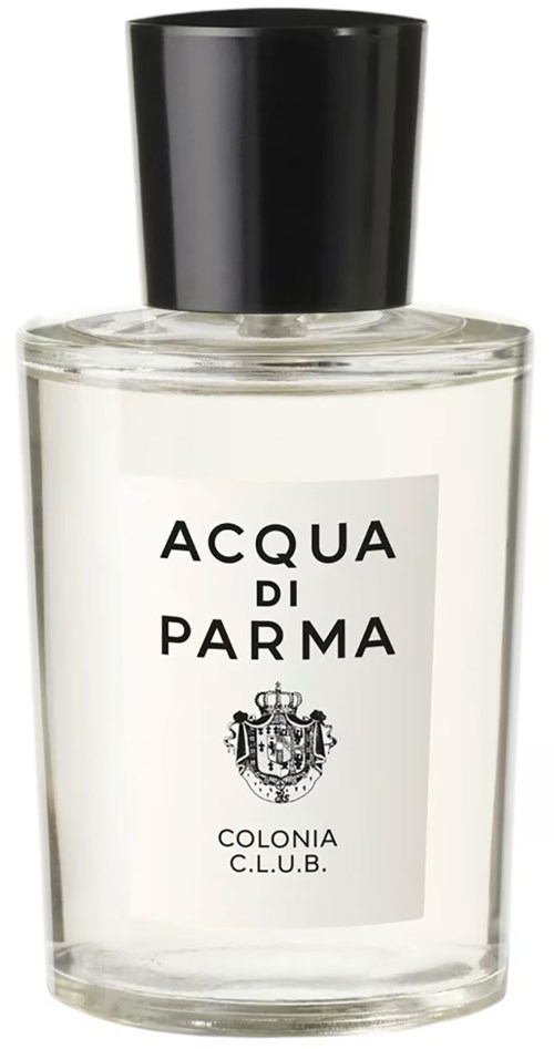Clear perfume bottle with black cap, label says 'Acqua Di Parma' and 'Colonia C.L.U.B.'