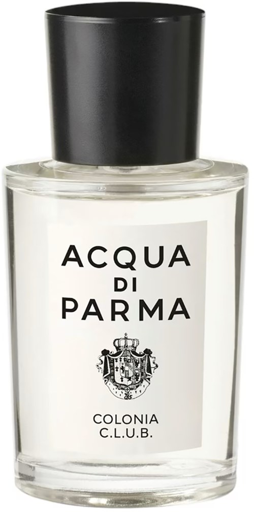 A clear perfume bottle with a black cap, labeled 'Acqua di Parma Colonia C.L.U.B.' with a crest on the front.