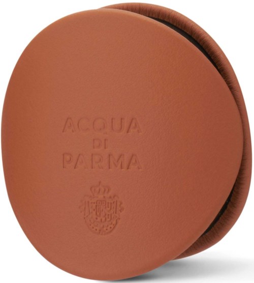 A round, brown soap with the embossed text 'ACQUA DI PARMA' and a crest. It has a smooth surface and a curved edge.