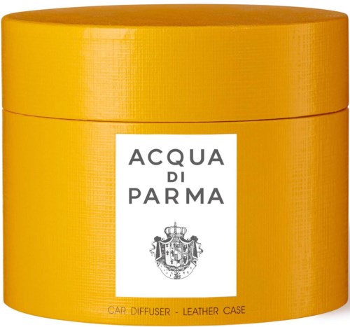 A round, yellow container with the words "Acqua di Parma" and a crest logo on the front.