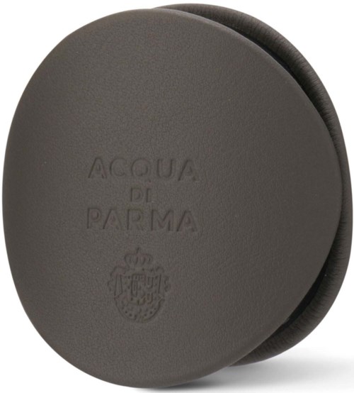 Round gray soap with 'Acqua di Parma' text and a small crest logo embossed on it.
