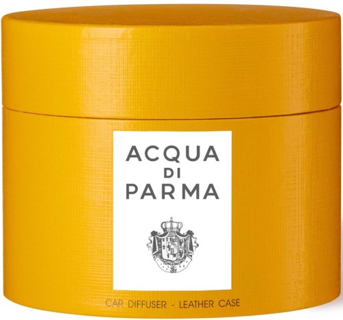 Gelber Behälter mit weißem Etikett mit Markenname 'Acqua di Parma' und Wappen-Logo.