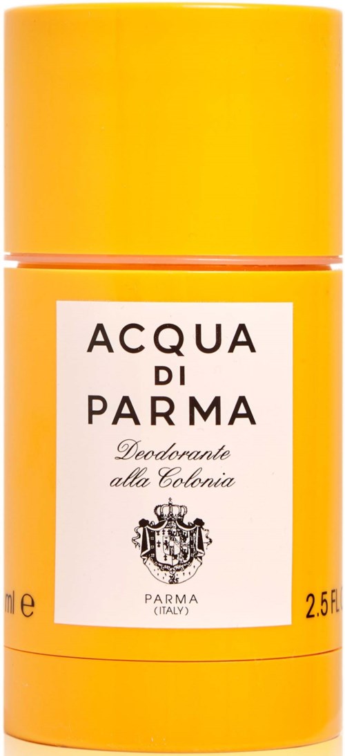 En lang, gul beholder med hvit merke som viser logo og tekst om en parfyme deodorant fra Parma, Italia.