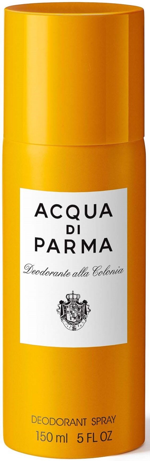 Yellow deodorant spray can with white label, black text, and a crest, labeled 'Acqua di Parma' and 'Deodorant Spray'.