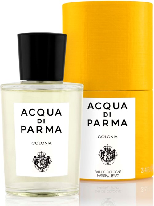 A perfume bottle with a black cap, alongside a tall yellow box, both labeled 'Acqua di Parma' with a crest.
