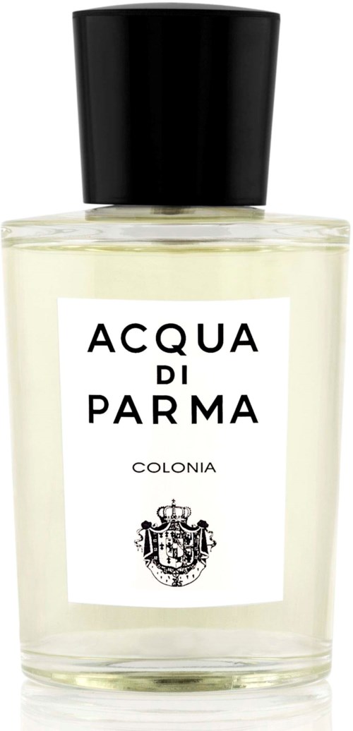 A clear perfume bottle with a black cap labeled 'Acqua di Parma Colonia' and a coat of arms emblem.