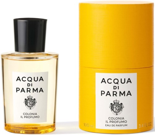 Hajuvesipullo mustalla korkilla ja keltainen laatikko, molemmat nimeltä 'Acqua di Parma' ja 'Colonia' viiritunnuksella.