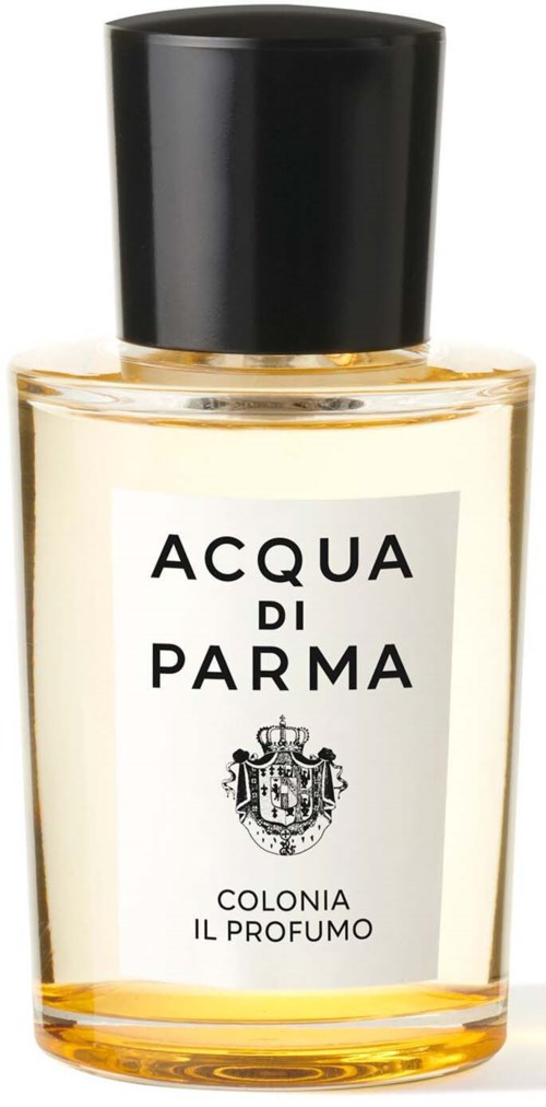 A perfume bottle with a black cap, clear glass, and a white label that says 'ACQUA DI PARMA'.