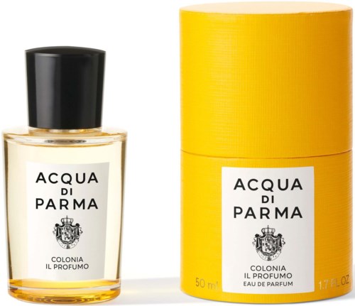 A perfume bottle and yellow box labeled 'Acqua di Parma' with an emblem and black cap.