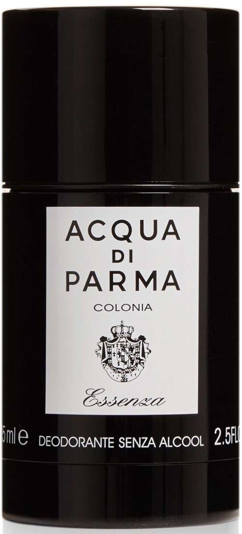 En svart beholder formet som en Coca-Cola-flaske med hvit etikett som viser "ACQUA DI PARMA," et emblem og produktdetaljer.