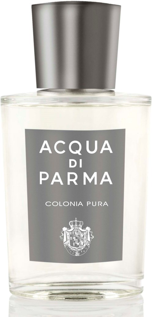 A clear perfume bottle with a silver cap, labeled 'Acqua di Parma Colonia Pura,' has a crest logo at the bottom.