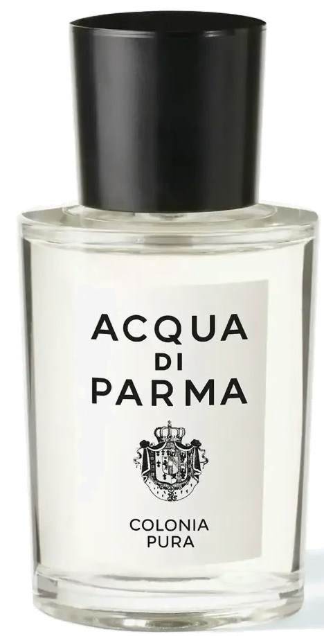 En tydlig parfymflaska med svart lock, märkt Acqua di Parma Colonia Pura, och en emblemlogotyp på framsidan.