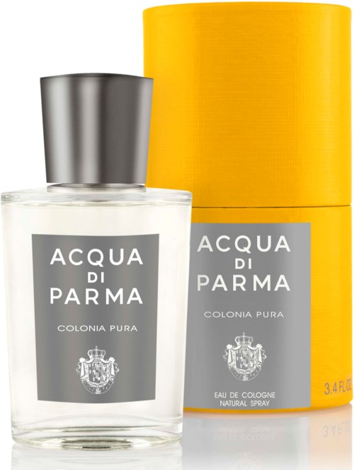 A perfume bottle with a silver cap and yellow box, labeled 'Acqua di Parma Colonia Pura'.