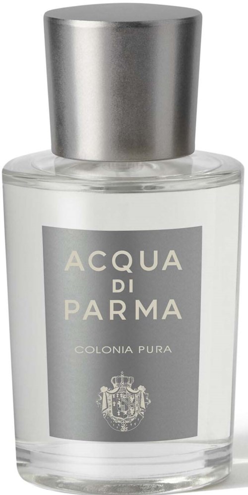 A clear bottle with a gray cap, labeled "Acqua di Parma Colonia Pura," showing a silver crest at the bottom.