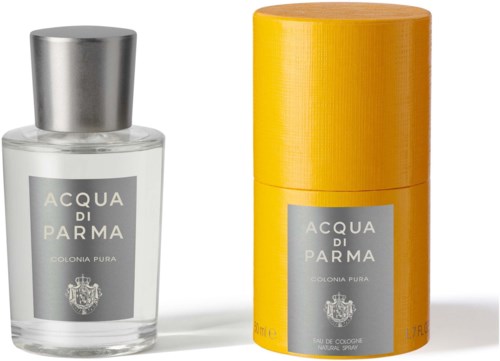 A clear glass perfume bottle and a yellow spray can labeled 'Acqua di Parma' are shown.