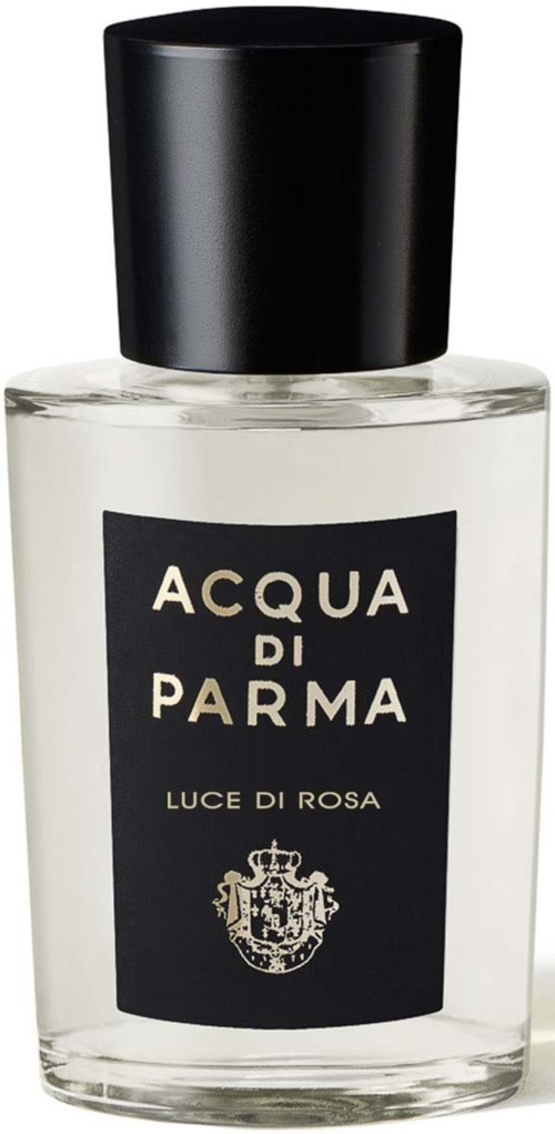 A perfume bottle with a black cap, clear glass, and a black label that reads 'Acqua di Parma' and 'Luce di Rosa.'