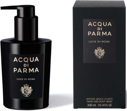 Musta pullo ja sen laatikko, molemmat Acqua di Parma Luce di Rosa, valkoisella taustalla.
