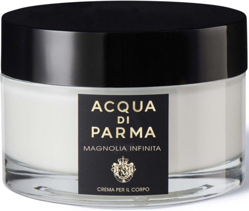 A white jar with a black lid, labeled 'Acqua di Parma Magnolia Infinita,' contains body cream.
