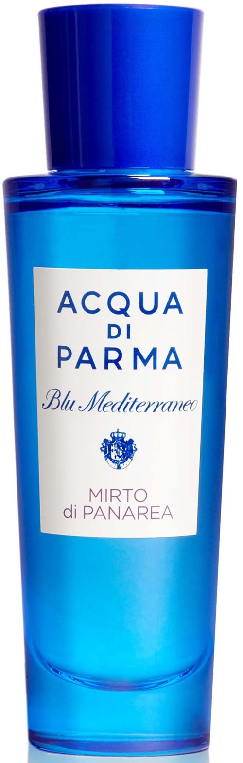 Eine blaue Parfümflasche mit dem Label 'Acqua di Parma Blu Mediterraneo Mirto di Panarea' und blauer Kappe.