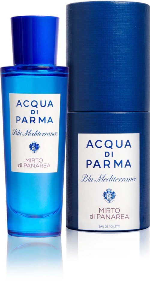 Eine blaue Parfümflasche mit passender zylindrischer Verpackung, beide mit "Acqua di Parma Blu Mediterraneo Mirto di Panarea" beschriftet.