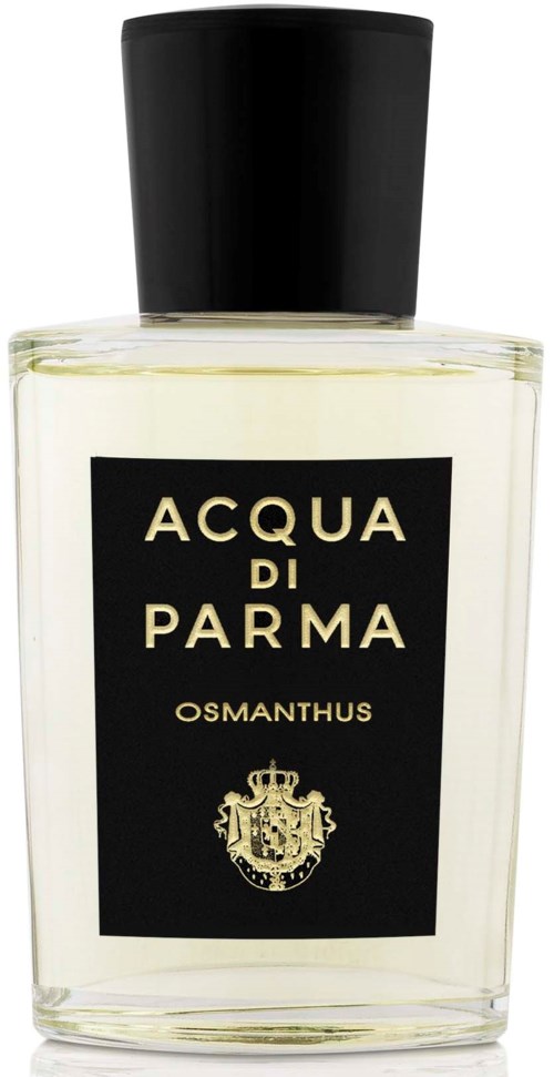 Eine klare Parfümflasche mit schwarzem Deckel, beschriftet 'Acqua di Parma Osmantus' mit einem goldenen Wappen.