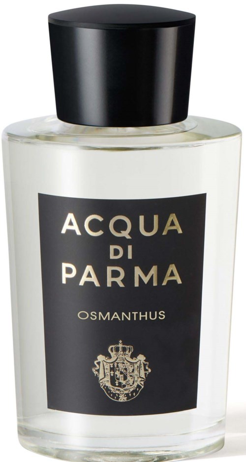 Eine klare Glasflasche mit schwarzem Deckel, beschriftet 'Acqua di Parma Osmanthus' mit Wappen am unteren Ende.