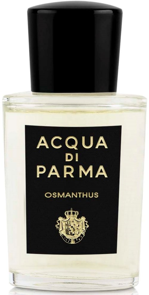 Ein Parfümflasche mit schwarzem Deckel, beschriftet mit 'Acqua di Parma Osmanthus' mit gold- und schwarz-Design-Elementen.
