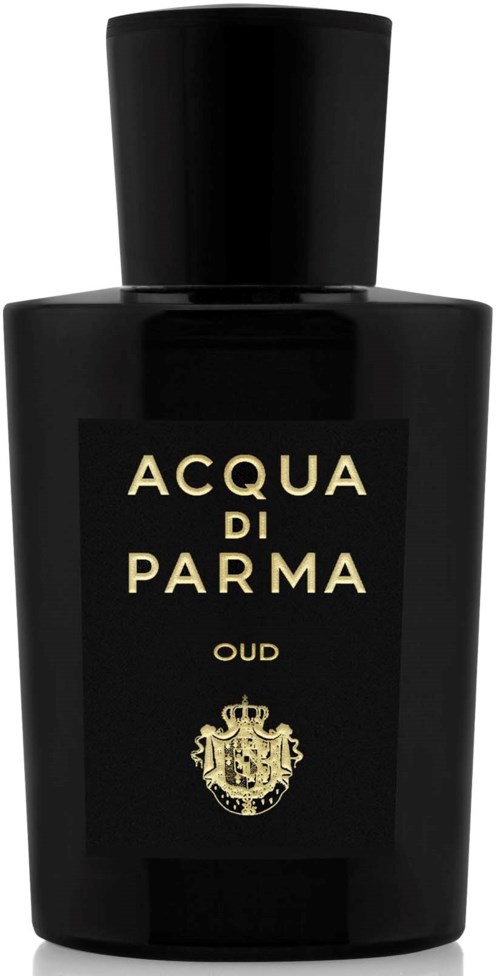 A black perfume bottle with gold text and emblem, labeled 'Acqua di Parma Oud'.