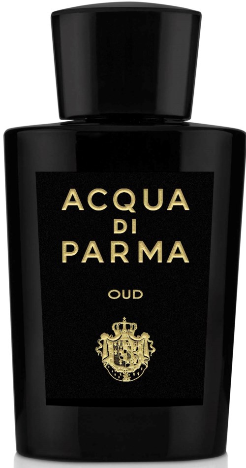 Een zwarte parfumfles met gouden tekst en crest, gelabeld 'Acqua di Parma OUD.'
