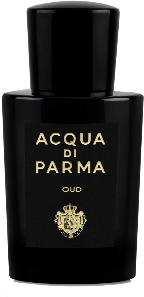 Musta hajuvesipullo kultaisella tekstillä ja leimalla, nimeltä 'Acqua di Parma Oud' ja iso suorakulmainen korkki.