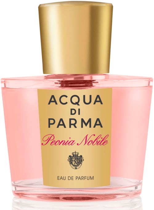 A pink perfume bottle with gold cap and label reading "Acqua di Parma Peonia Nobile".