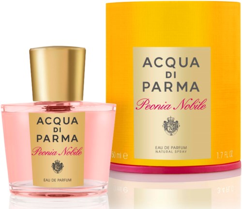 A pink perfume bottle with a gold cap, next to a large yellow box, both labeled Acqua di Parma Peonia Nobile.