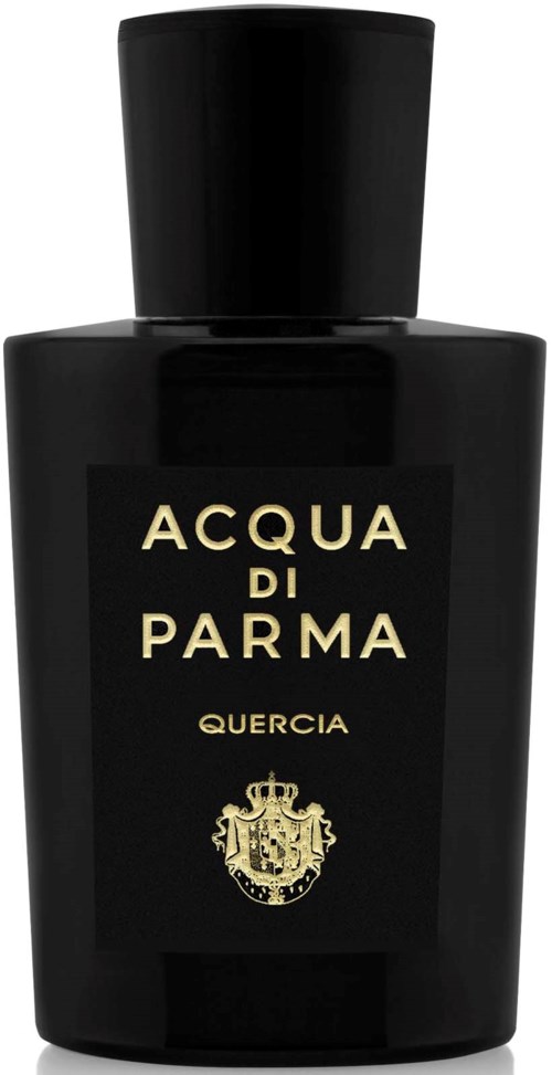 Zwarte fles met goudkleurige tekst 'Acqua di Parma Quercia' en een wapenschildlogo.
