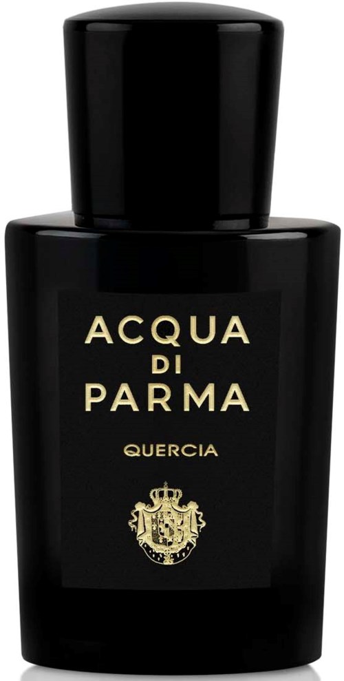A black perfume bottle with gold text and a crest logo, labeled 'Acqua di Parma Quercia.'